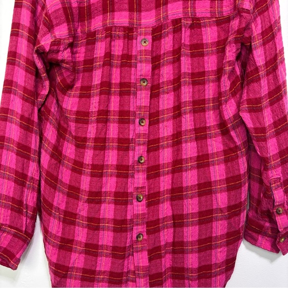 Anthropologie XS Women's Plaid Pink Red Flannel Gauze Shirt Button High Low - Picture 5 of 12